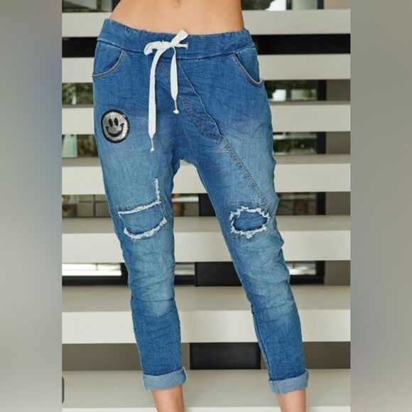 NWT Venti 6 Denim Blue Distressed Embellished Crinkle Joggers XS - Picture 1 of 3